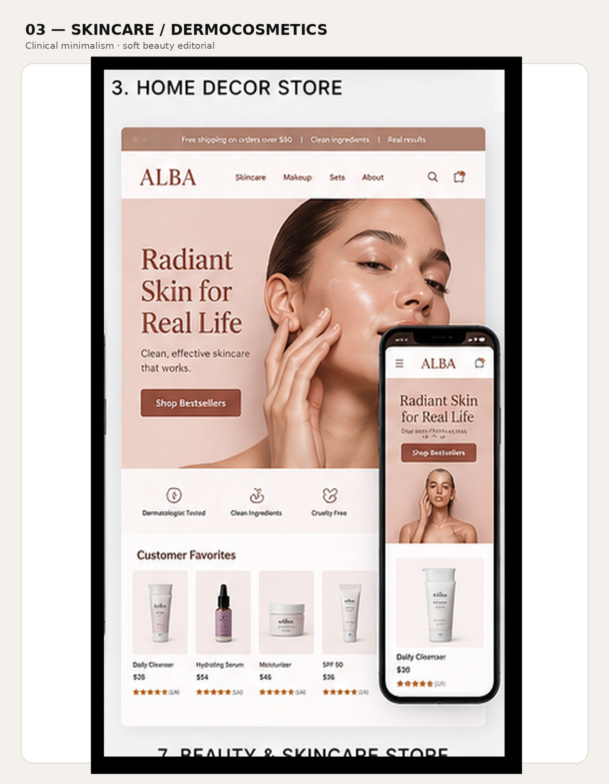 ALBA · Skin care storefront visual concept, showing desktop and mobile layouts.