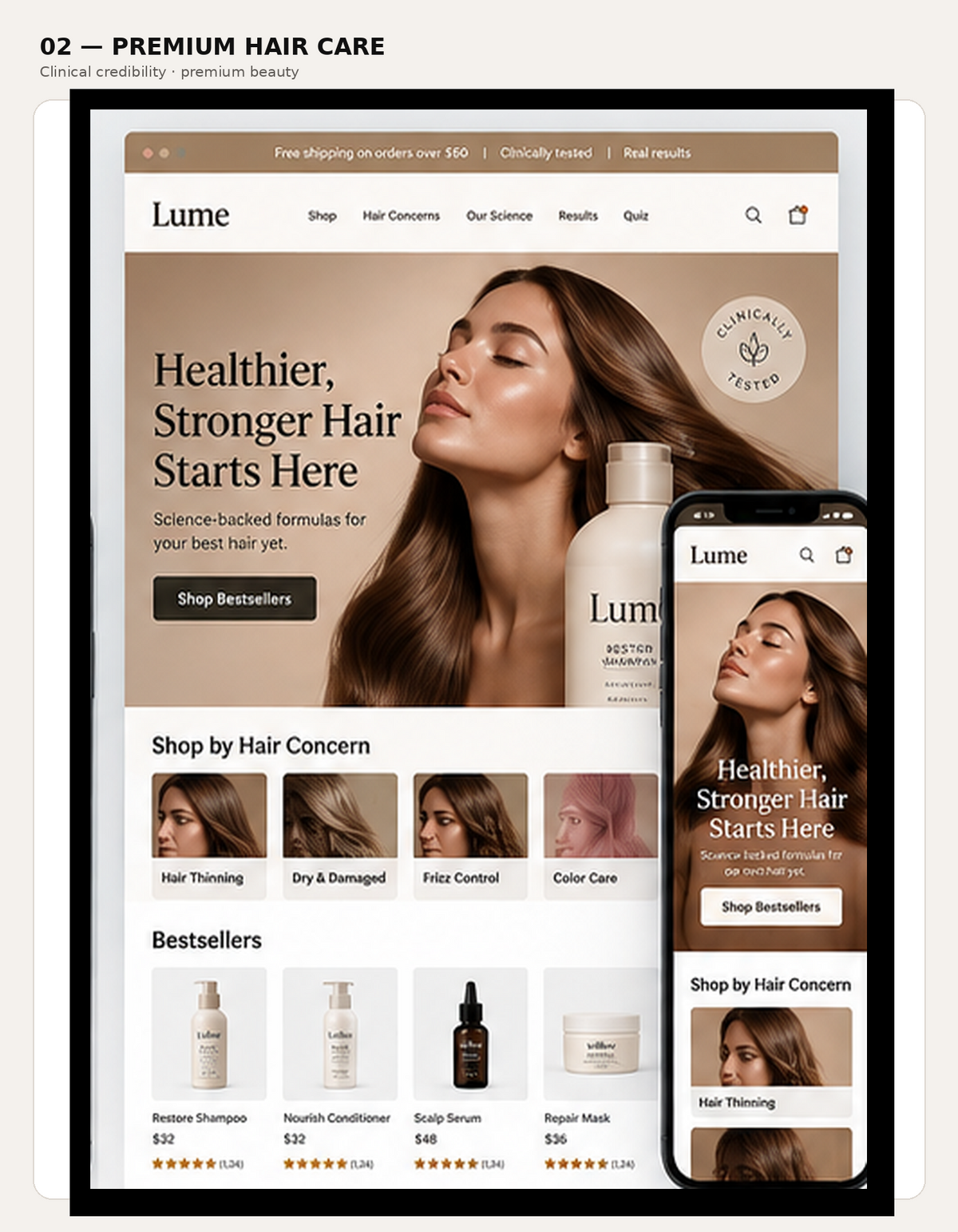 Lume · Hair care storefront visual concept, showing desktop and mobile layouts.