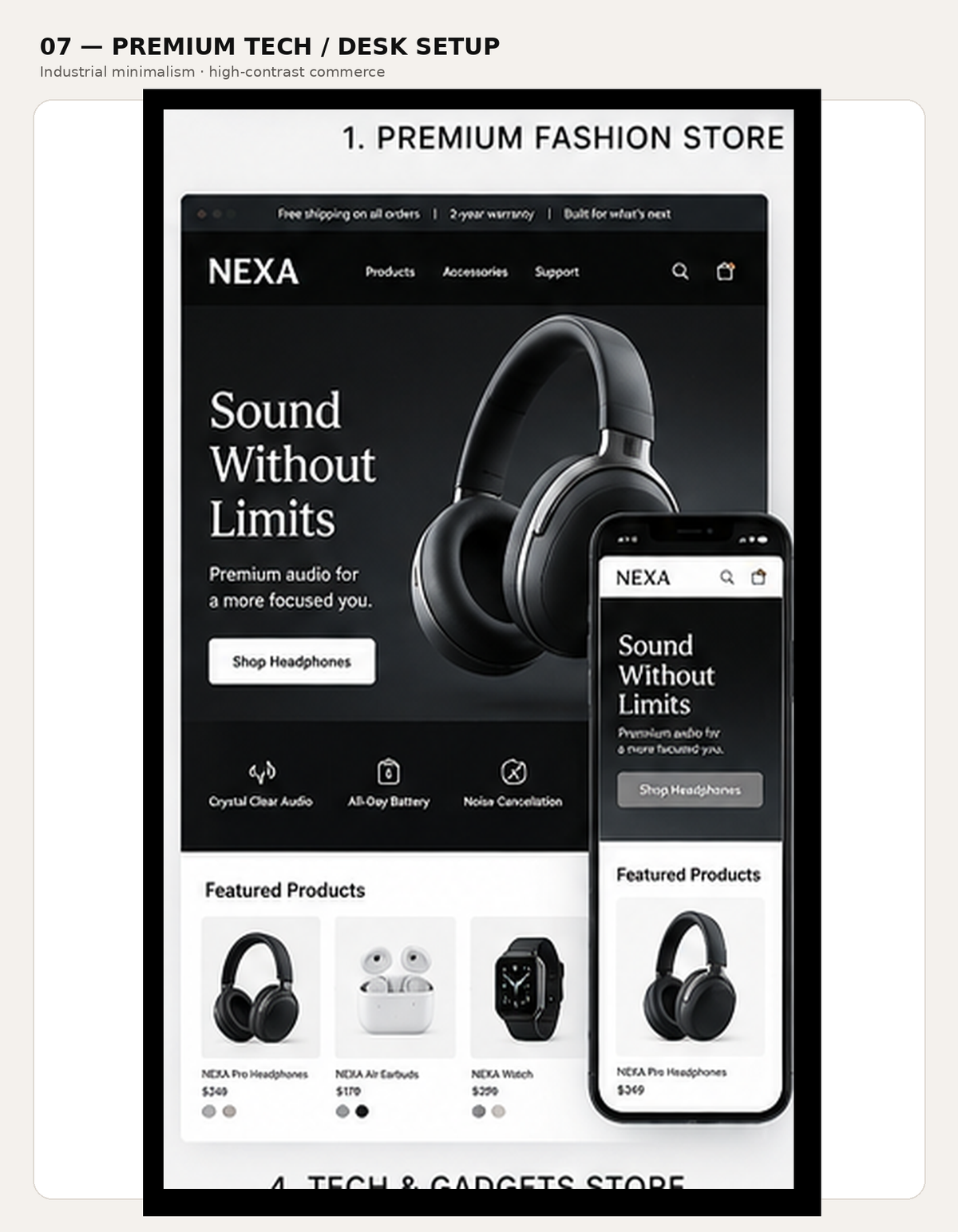NEXA · Audio & technology storefront visual concept, showing desktop and mobile layouts.