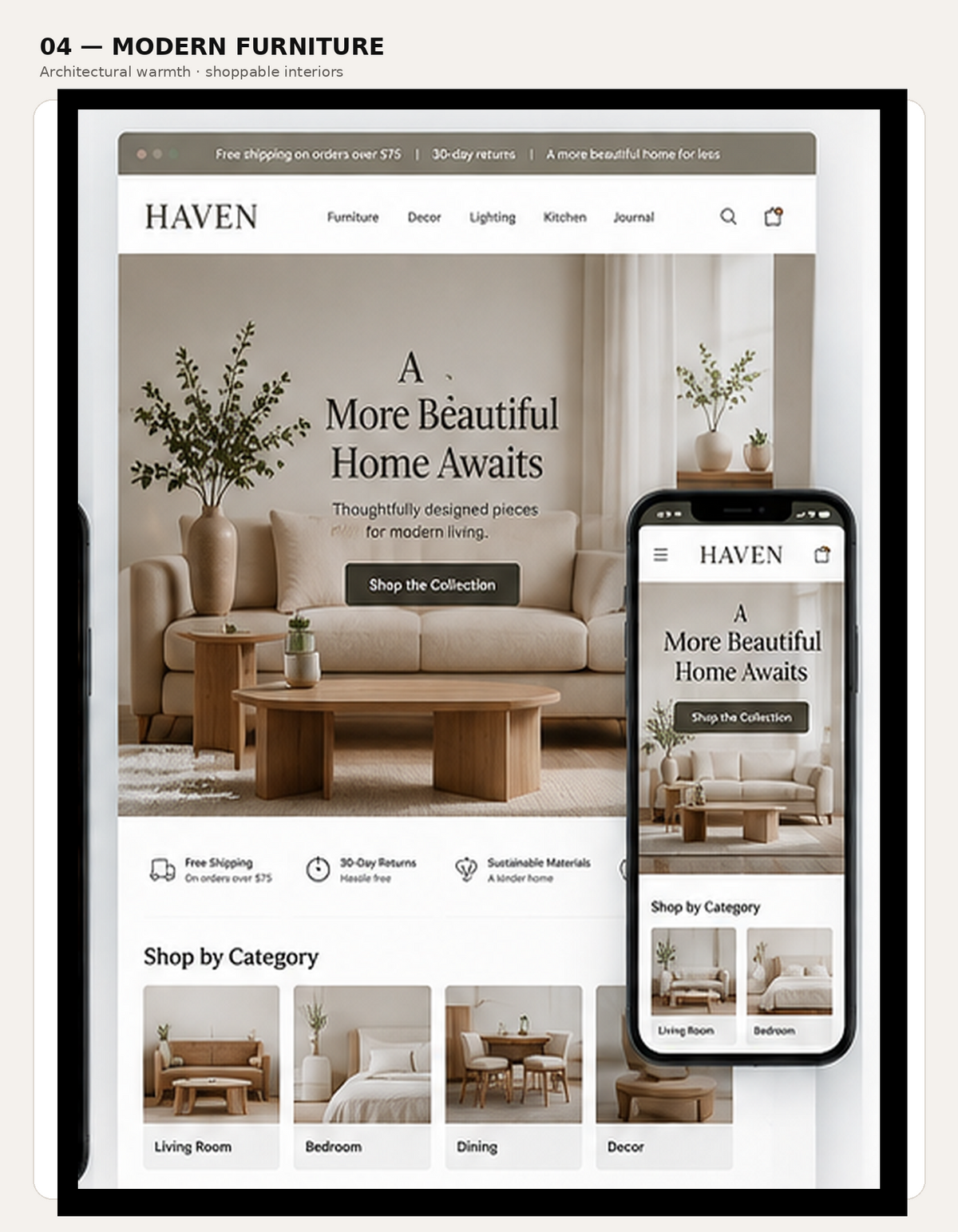 HAVEN · Furniture storefront visual concept, showing desktop and mobile layouts.