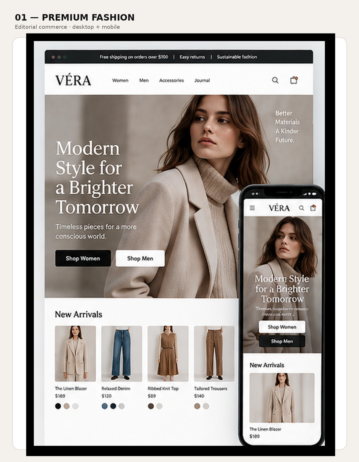 VÉRA · Fashion storefront visual concept, showing desktop and mobile layouts.