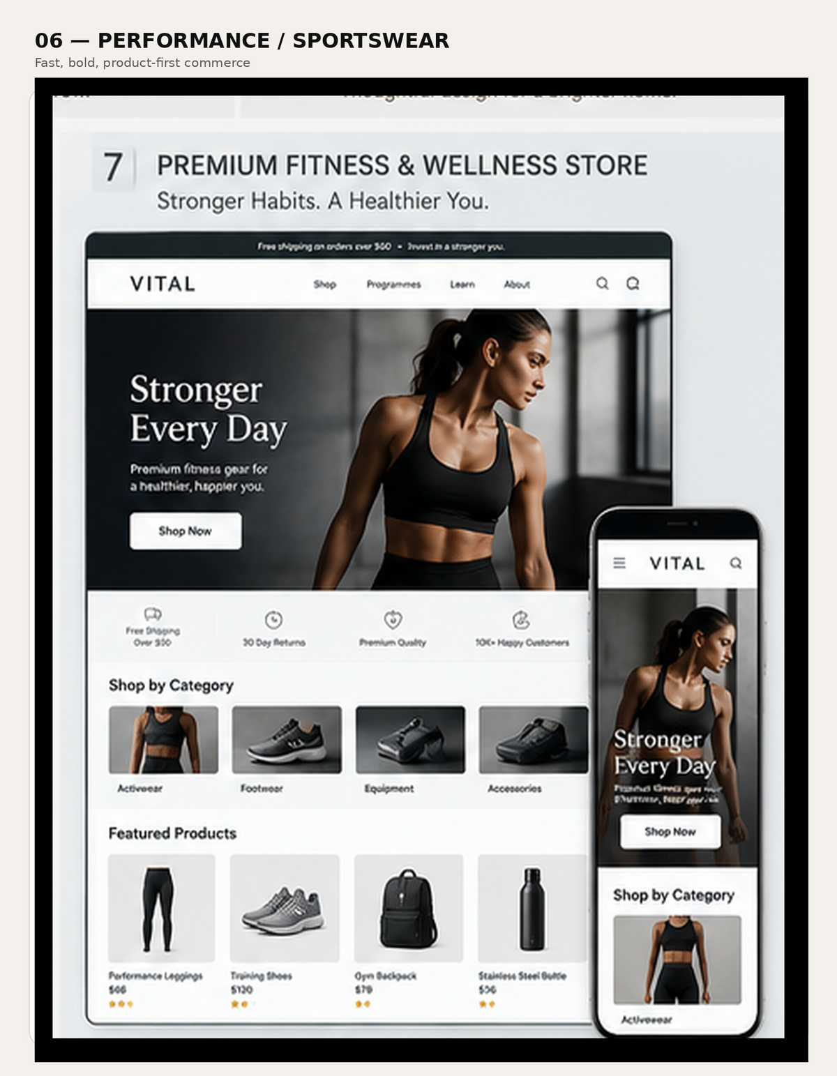 VITAL · Fitness & sportswear storefront visual concept, showing desktop and mobile layouts.